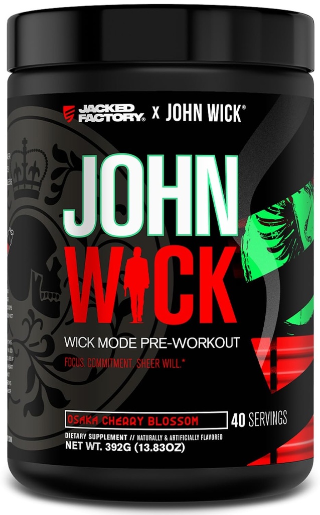 Jacked Factory X John Wick - Pó pré-treino em modo Wick - Energia Intensa, Foco Pronto para Batalha, Compromisso Imparável e Vontade - 40 Servings, Osaka Cherry Blossom