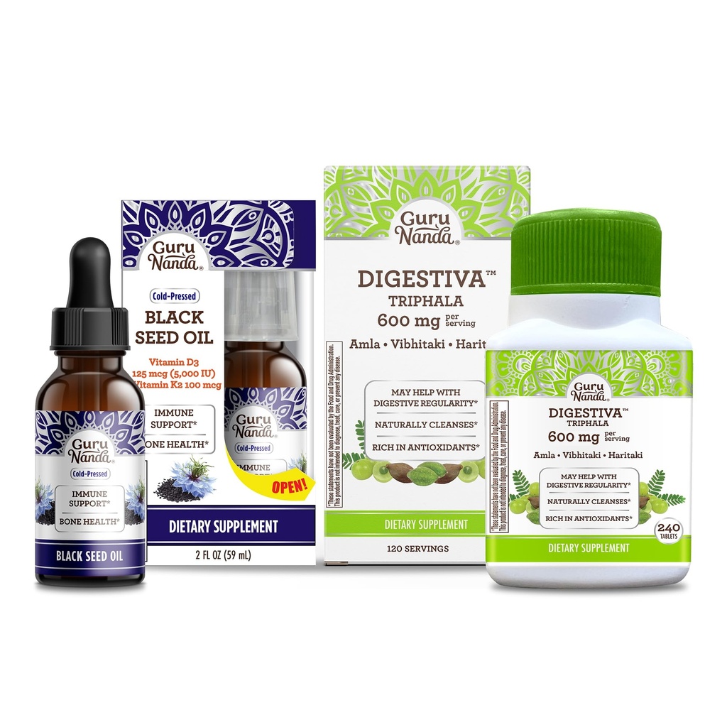 GuruNanda Black Seed Oil, Nigella Sativa com pressão fria - Rico em Vitamina D3 5000 Unidades & Digestiva Triphala (240 Comprimidos), Suporta Digestão, Ajuda com Bloating
