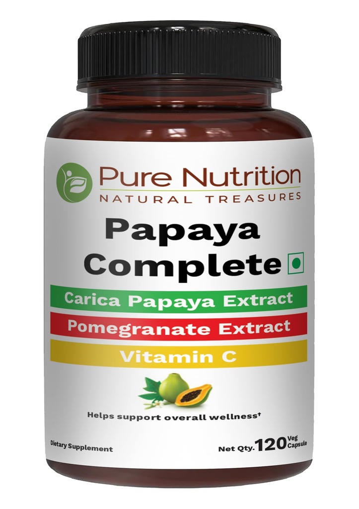Puro Nutrição Papaya Completo       , 120 Caps Carica Papaya Leaf Extract com ferro, VIT C, VIT A e ácido fólico , suporta imunidade plaquetária e digestão não-GMO , sem glúten