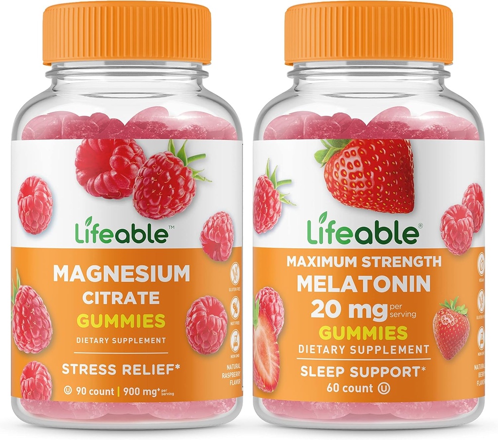 Magnésio vivo + melatonina 20mg, chicletes Bundle - Grande degustação, Suplemento Vitamina, Sem glúten, GMO Livre, Gummy mastigável