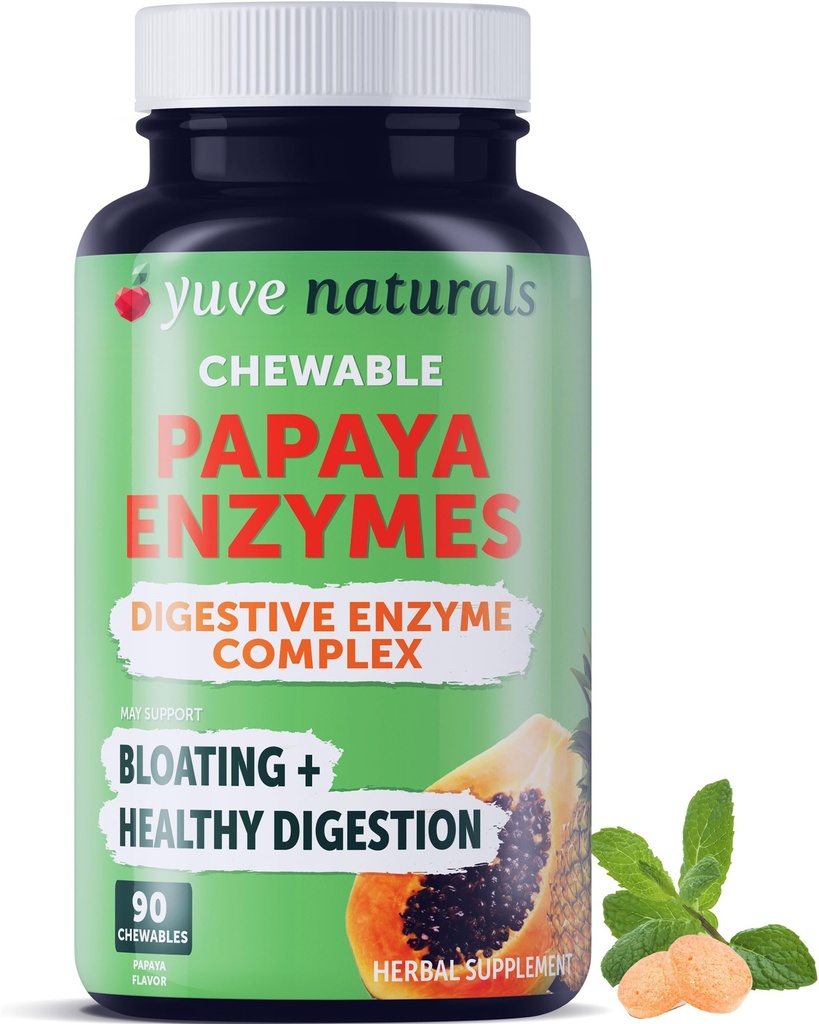Yuve Natural Papaya Digestive Enzimas - Doces mastigáveis sem açúcar - Promove melhor digestão - Obstipação & Bloating Aid, Detox, Esvaziamento de tripa e alívio de gás - Vegan, Não-GMO, Sem glúten - 90ct