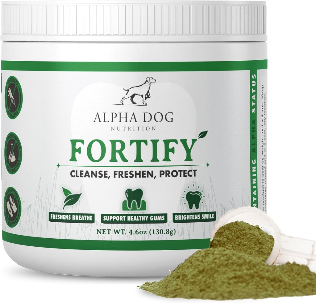 Pó de limpeza de dentes do cão - Fortificar pó dentário para cães - removedor de placas e fresco mau hálito com suplementos verdes frescos - contém Kelp, Probióticos e outros ingredientes de limpeza de dentes