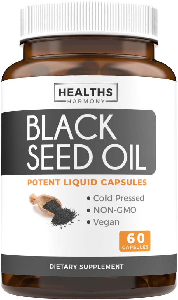Black Seed Oil - 60 Cápsulas Softgel (Não-GMO & Vegan) Premium Frio-Pressed Nigella Sativa Produzindo Puro Black Cumin Seed Oil com Vitamina E - 500mg Cada, 1000mg Por 2 Cápsulas Serving