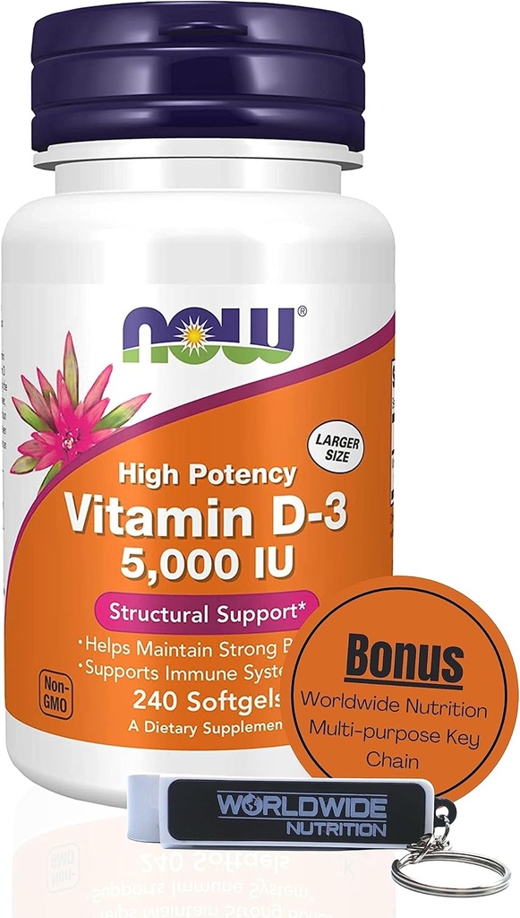 Nutrição mundial agora Suplementos Vitamina D3 5000 UI Softgels - Fórmula de alta potência para suporte estrutural D 240 Count Vitamina, orgânico & chaveiro