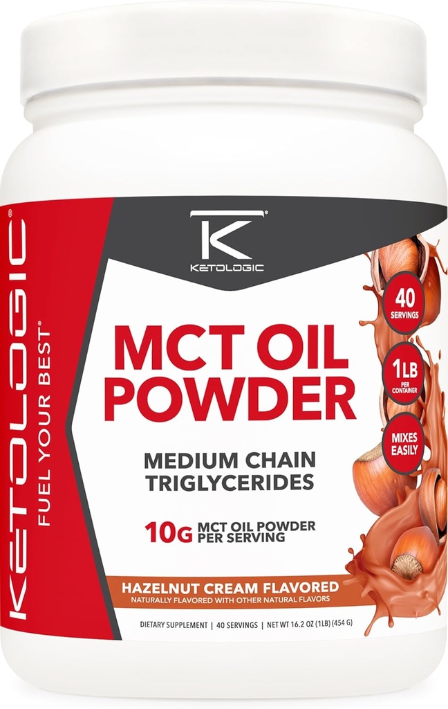 Ketologic MCT Oil Powder Hazelnut Cream (1 LB) – Keto Cafe Creamer & Energy Support – 41 serviços de triglicerídeos de cadeia média para foco e combustível