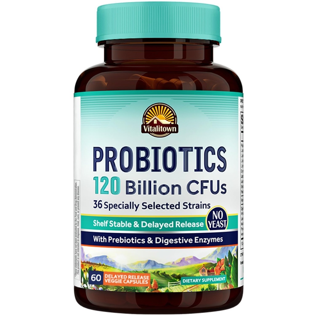 Vitalitown Probióticos 120 bilhões de UFCs 36 Strains, com Prebióticos & Enzimas Digestivas □ Prateleira Estável □ Saúde Digestiva & Suporte Imune □ Vegan, Não-GMO