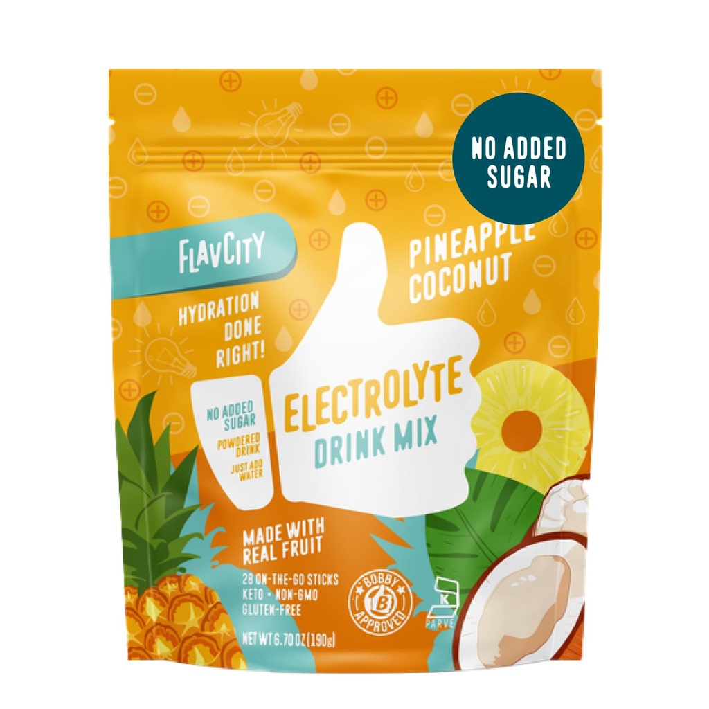 FlavCity Abacaxi Coqueiro Eletrólitos em pó Packets - 28 Pacotes de Hidratação - Sem Açúcar Adicionado - Hydration Powder with Real Fruit & Unrefined Sea Salt - Keto & Gluten-Free (28 Stick Packs)