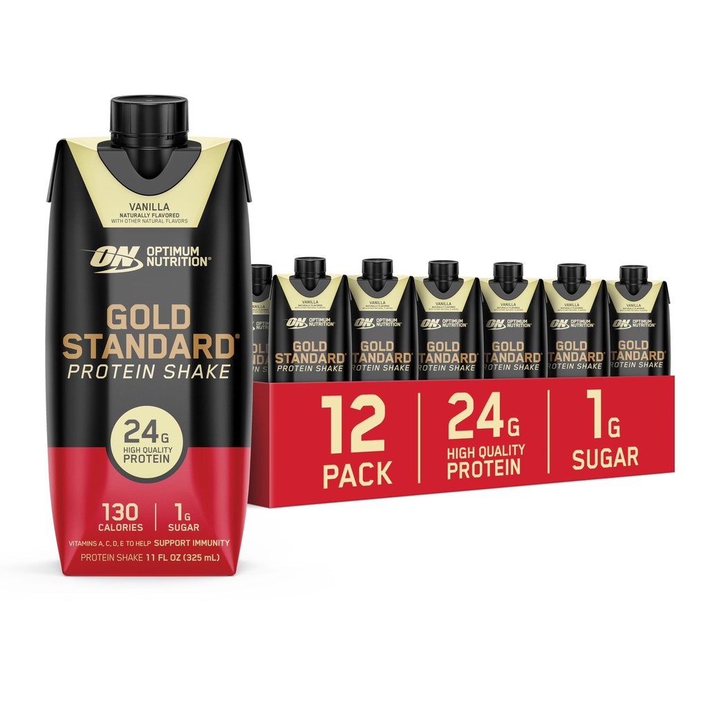 Optimum Nutrition Gold Standard Protein Shake, 24g Protein, Pronto para beber Shake Protein, Sem glúten, Vitamina C para suporte imunológico, Baunilha, 11 Fl Oz, 12 Count (Pack of 1) (Packaging May Vary)