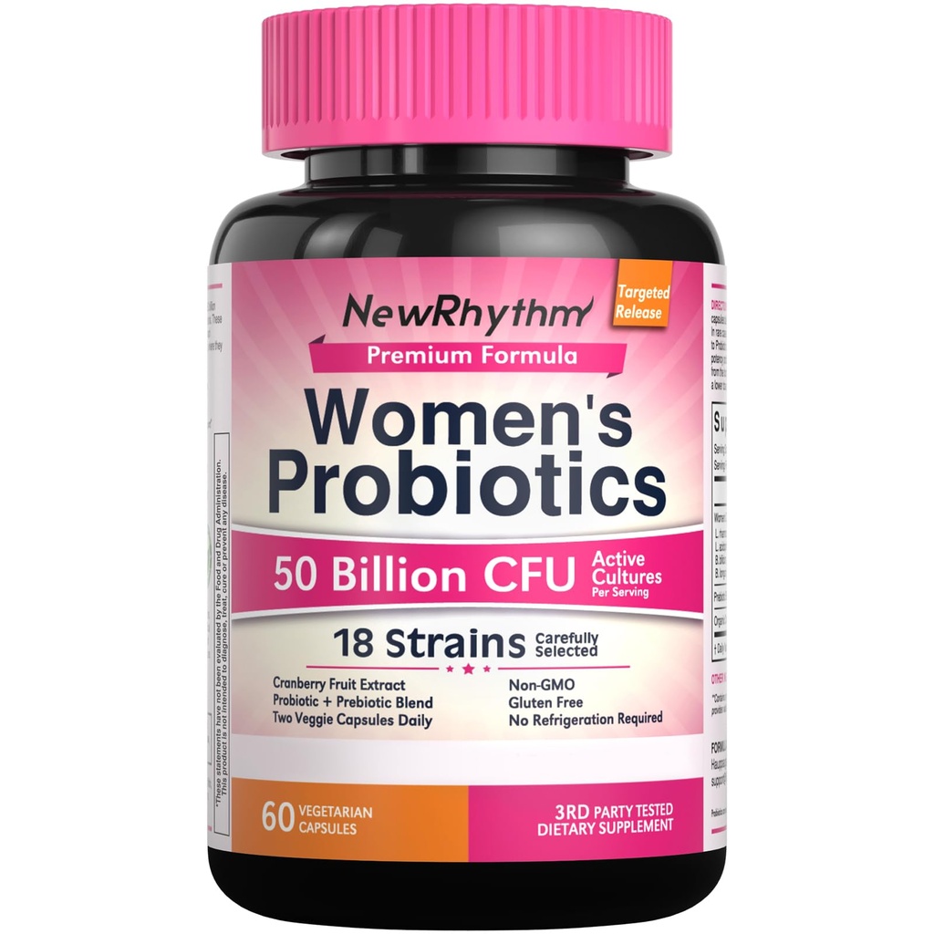 NewRhythm Probióticos da Mulher, Cranberry orgânico para a saúde vaginal da mulher, 50 bilhões UFC 18 Strains, Probióticos e Prebióticos, Suporte Saúde Digestiva, 60 Cápsulas Vegan