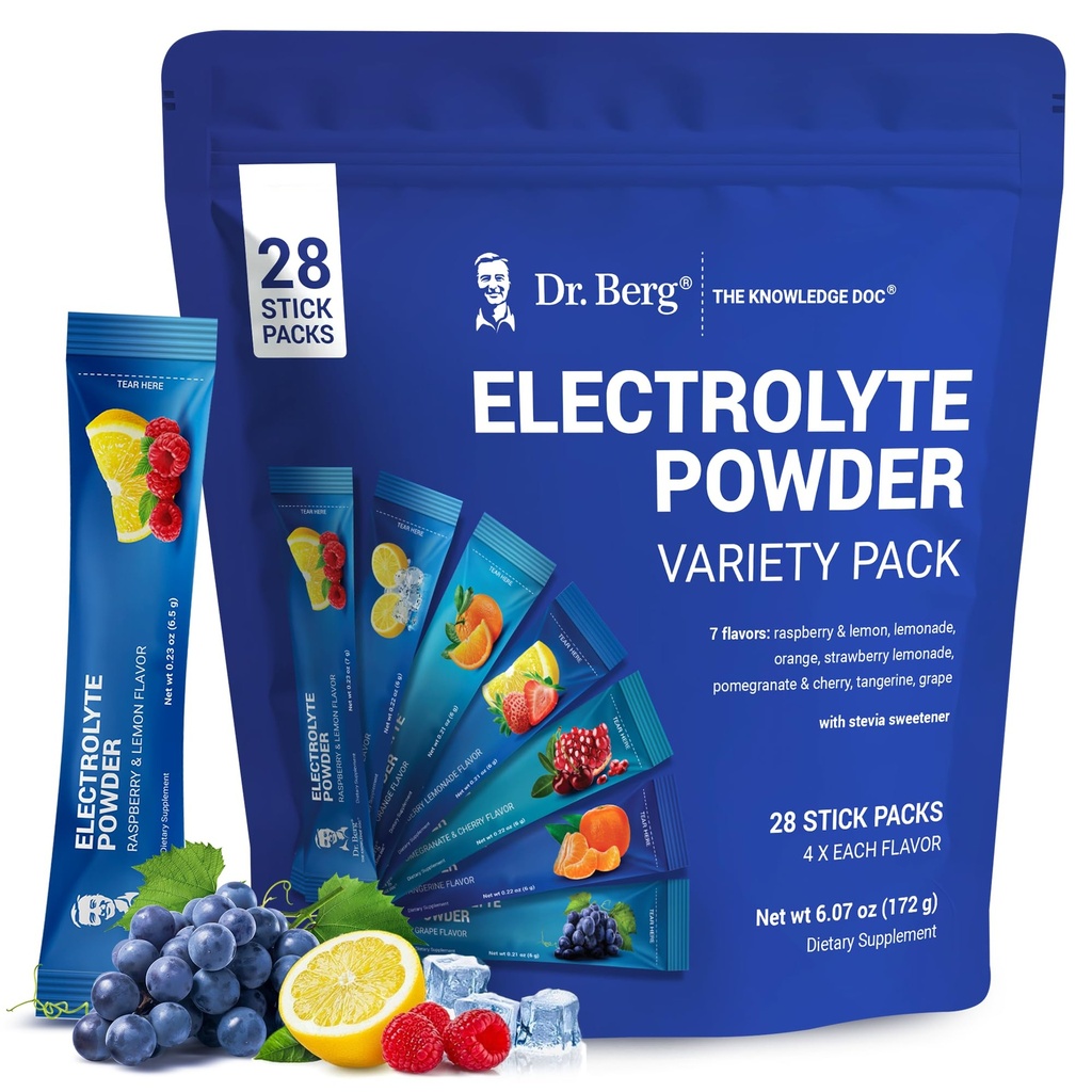 Dr. Berg Sugar Free Electrolyte Powder Packets (Pacote Variety) - Diária Electrolyte Drink Mix - 28 Total Hydration Pouches Sugar Free - Keto Electrolytes Powder Packets No Sugar - 7 Delicious Flavors