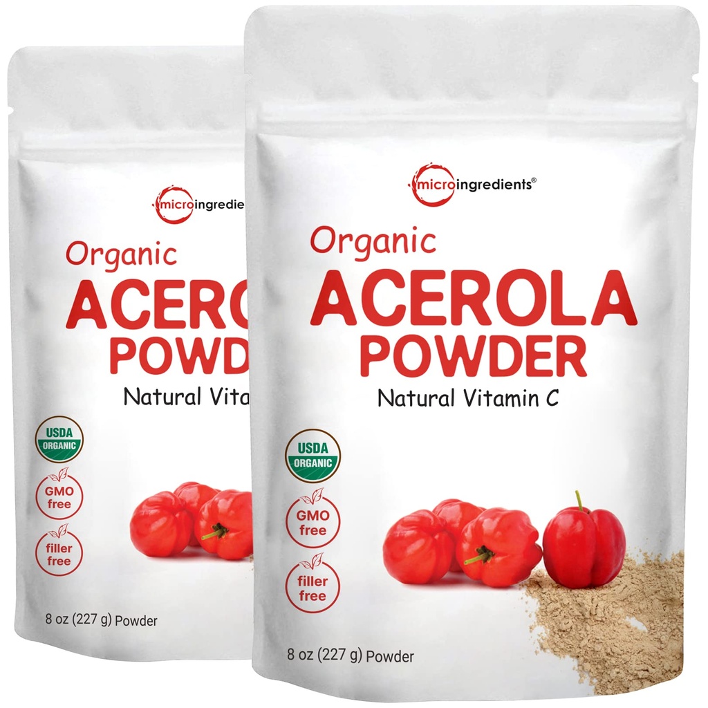 2 Pacote de Puro USDA Organic Acerola Cherry Powder, Vitamina C Natural e Orgânica para o Sistema Imune, 8 Onça, Sem OGM, Sem glúten, Brasil Origem