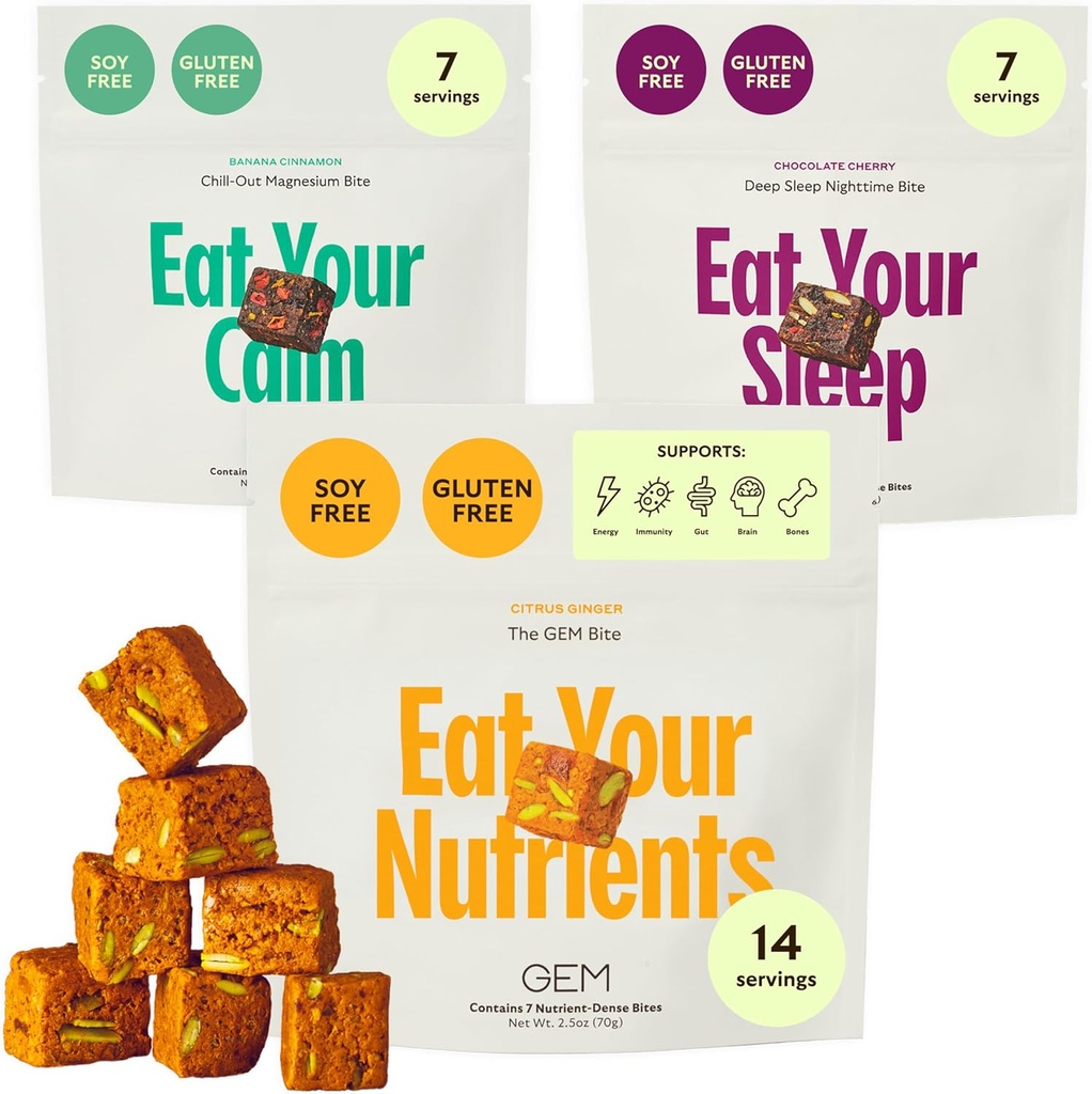 GEM Bite Pacote de variedades de rotina completa com multivitamínico diário (14 mordidas), calma de chill-out (7 mastigações) & ajuda profunda ao sono (7 mastigações)