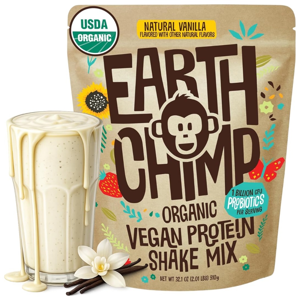 TerraChimp Organic Vegan Protein Powder - com Probióticos - Não OGM, Leite Livre, Não Whey, Pó de proteína baseada em plantas para mulheres e homens, Gluten Free - 26 Servings 32 Oz (Vanilla)