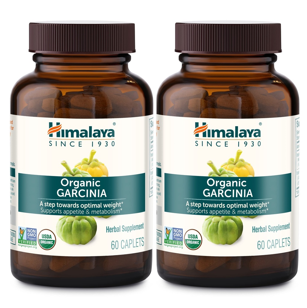 Himalaia Organic Garcinia Cambogia Herbal Supplement, Apetite Support, Metabolismo Lipídico, Suporte de Peso, USDA Organic, Non-GMO, Vegan, 600 mg, 60 Caplets Baseados em Planta, 2 Pack