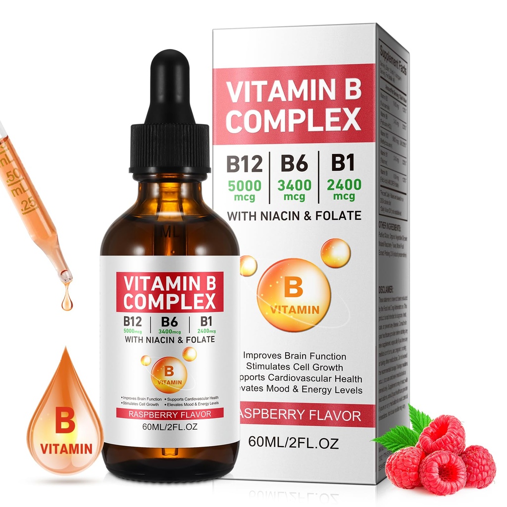 Vitamina B Líquido Complexo, Vitamina Vegan B12 Drops Líquidos □ B12 Metilcobalamina □ B1 Thiamina □ B6 Piridoxina □ Fólicos - B Gotas Líquidas Complexos, Energia de Apoio, Cérebro e Coração, 40 Servões