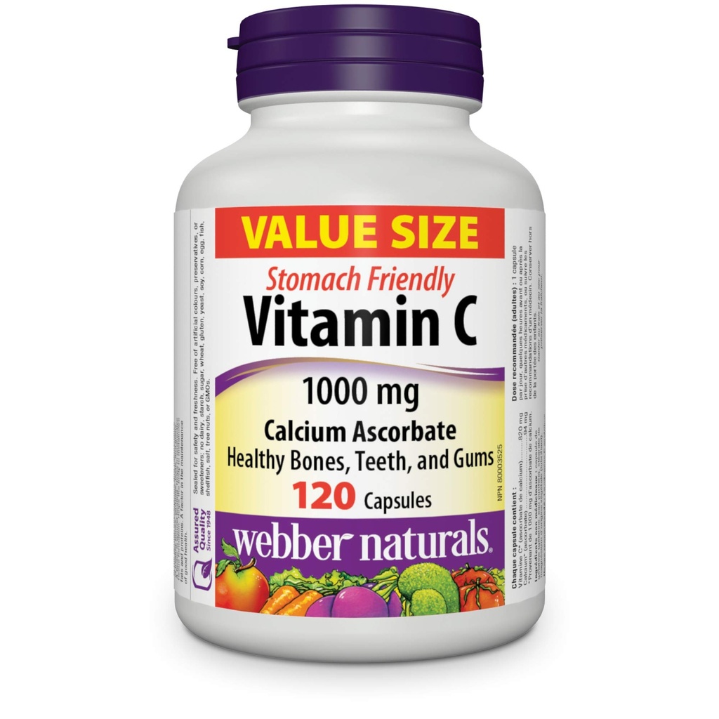 Webber Naturals Vitamina C Ascorbato de cálcio 1000 mg · Estômago amigável, 120 cápsulas