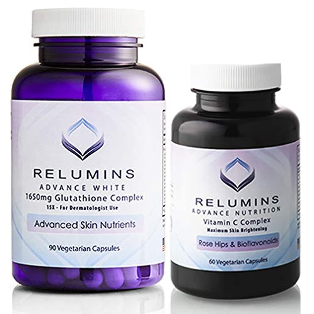 Reluminas Conjunto branco avançado - 1650mg Complexo de Glutationa (90 Cápsulas) e Vitamina C avançada com Rose HIPS e Bioflavonóides (60 Cápsulas)