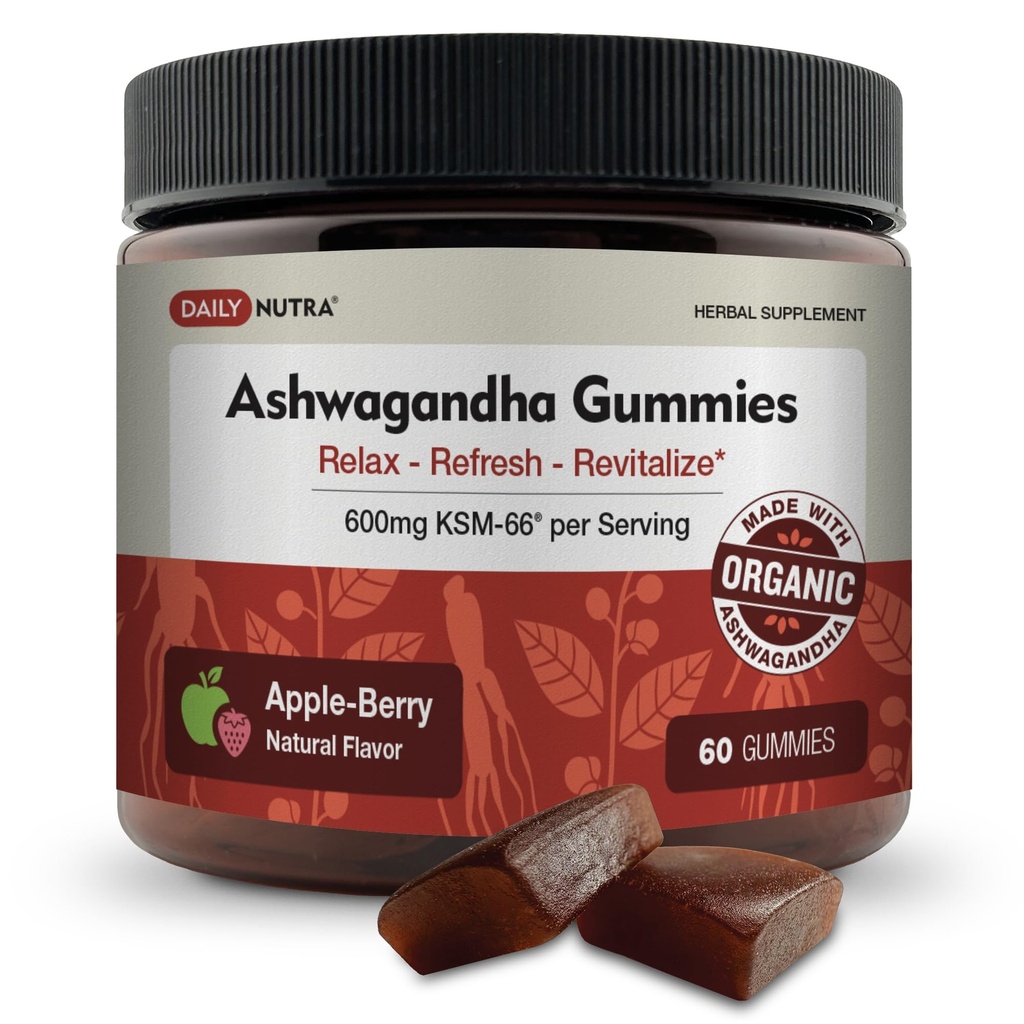 KSM-66 Ashwagandha Gummies - 600mg Extrato Orgânico de Raiz por Serviço - Delicious Natural Apple-Berry Flavor - Suporta Relaxamento, Foco e Energia (60 Gummies)