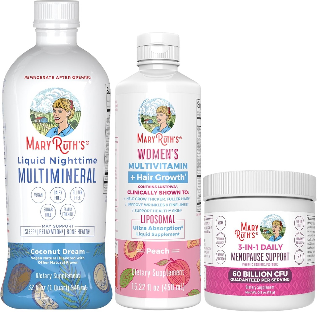 MaryRuth Organics Multivitamin da mulher Crescimento do cabelo Lustiva, Apoio à Menopausa, e Multimineral Líquido Diário, Pacote 3-Pack para suporte ao cabelo, Saúde da Pele, Suporte Imune, Gut Saúde, e Apoio ao Sono