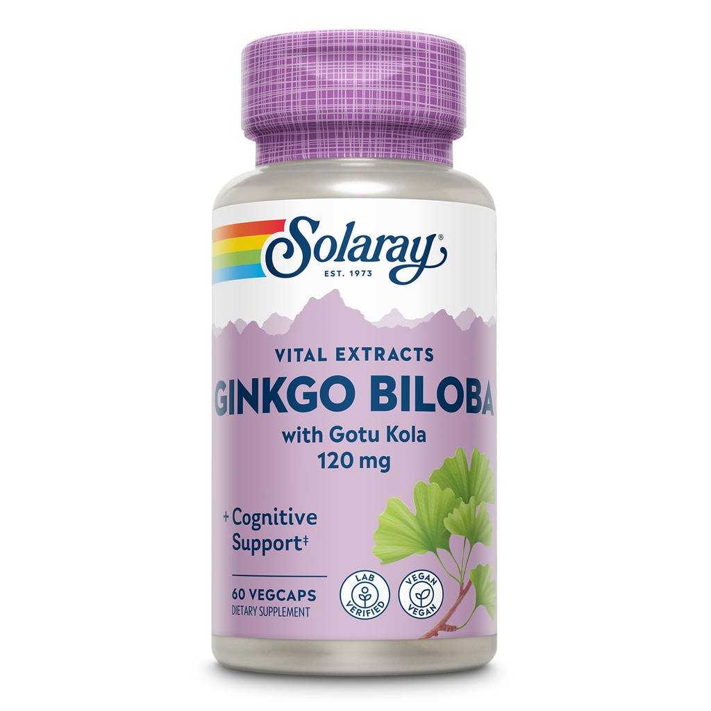 SOLARAY Ginkgo Biloba Extract with Gotu Kola - Ginko Biloba Cápsulas para Apoio à Saúde do Cérebro - Vegan, Lab Verified, 60-Day Garantia - 60 Servings, 60 VegCaps (60 VegCaps)