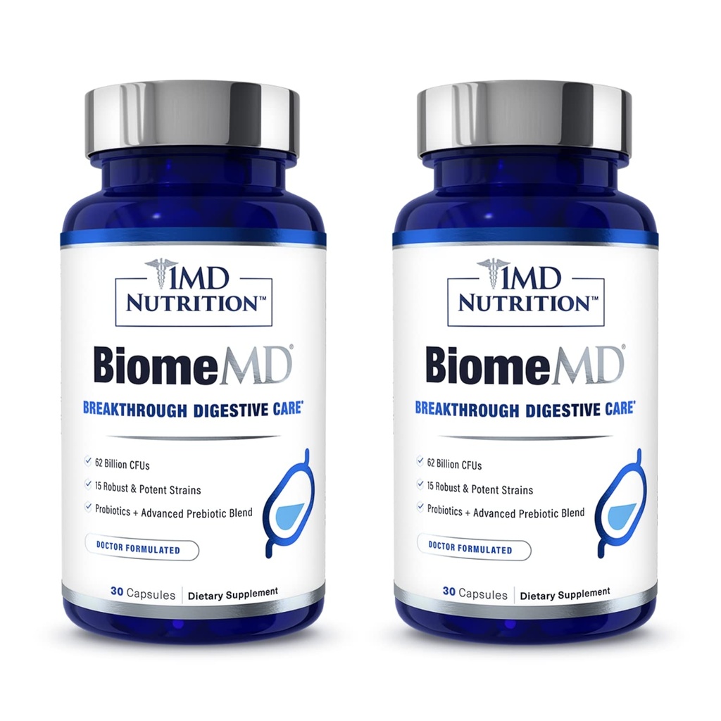 1MD Nutrition BiomeMD Probiotics . 62 bilhões de UFCs, 15 Strains abrangentes - Pro & Prebióticos . Doutor-Formulada para Saúde Digestiva e Suporte Imune .. 60 Cápsulas