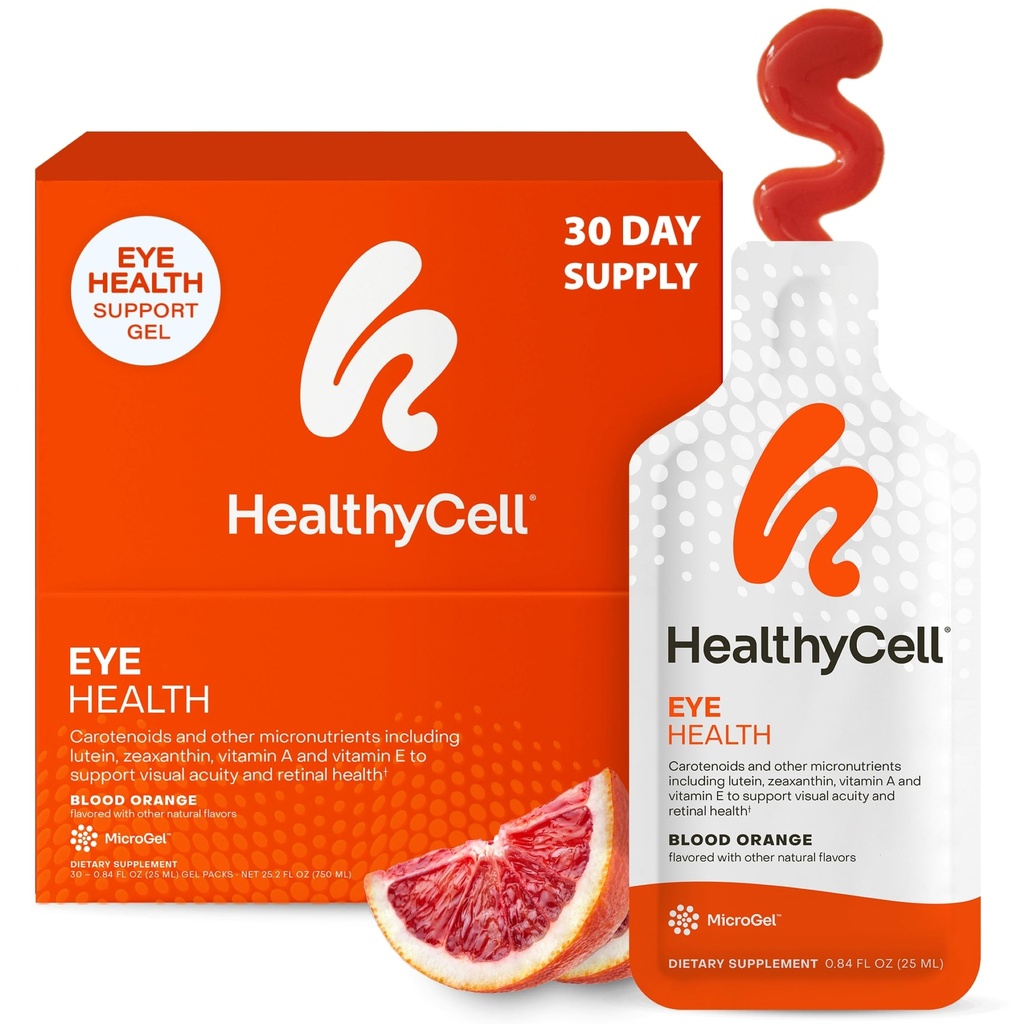 Healthycell Eye Health Daily Liquid Supplement - Vitaminas e Minerais Oculares com Lutein, Zeaxanthin, Astaxantina e Beta Caroteno para Cuidados Visuais e Suporte Macular - 30 Gel Packs