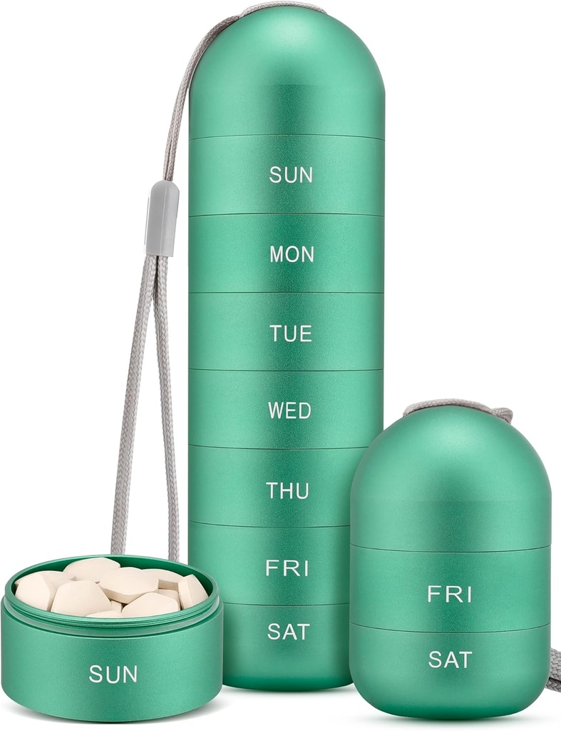 Zannaki Metal Moisture Proof Weekly Pill Organizer, Stackable Alumínio Liga BPA Free Travel Caminhadas 7 dias caixa de comprimidos impermeável e grande compartimento para segurar pílulas, vitaminas, óleo de peixe, suplementos
