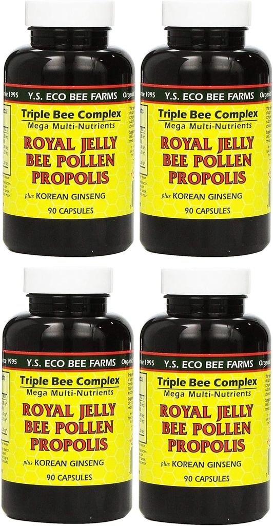 Y.S. Eco Bee Farms, (4 Pack) Royal Jelly, Bee Pollen, Própolis, Plus Korean Ginseng, 90 Cápsulas