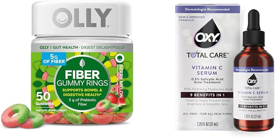 OLLY Fiber Gummy Rings 50ct + Oxy Total Care Hydrating Vitamina C Sérum para suporte digestivo, pele mais clara