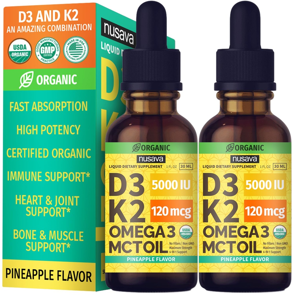 (2 Pack) Vitamina orgânica D3 K2 gotas com MCT Oil Omega 3, vitamina D líquido de máxima resistência 5000 UI, sem enchimentos, não-GMO líquido D3 para absorção mais rápida e suporte imunológico (Pineapple, 2 Fl Oz)
