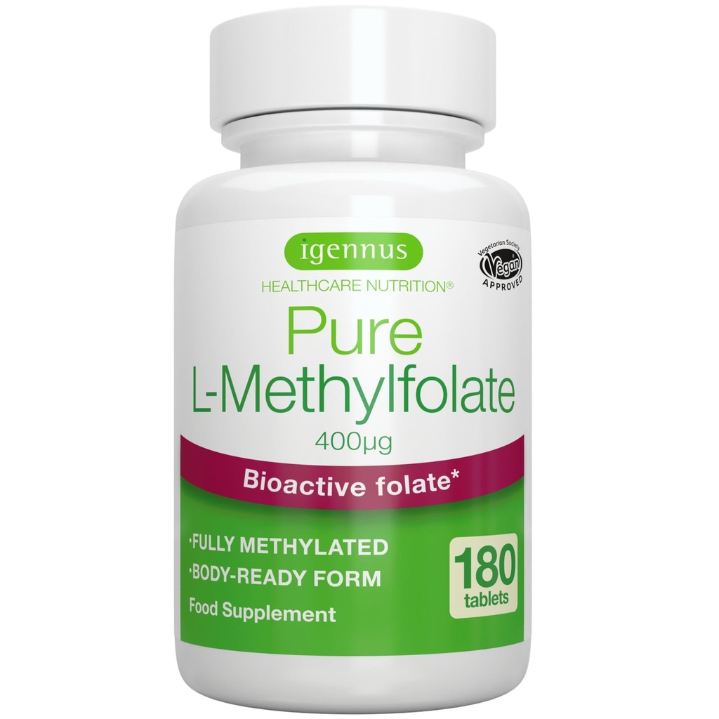 Igennus folato de metilo puro 400 mcg, 180 comprimidos, rótulo limpo, forma metilada de ácido fólico 5-MTHF (Vitamina B9), Vegan, Adequado para a gravidez, Um dia, 6 meses de fornecimento
