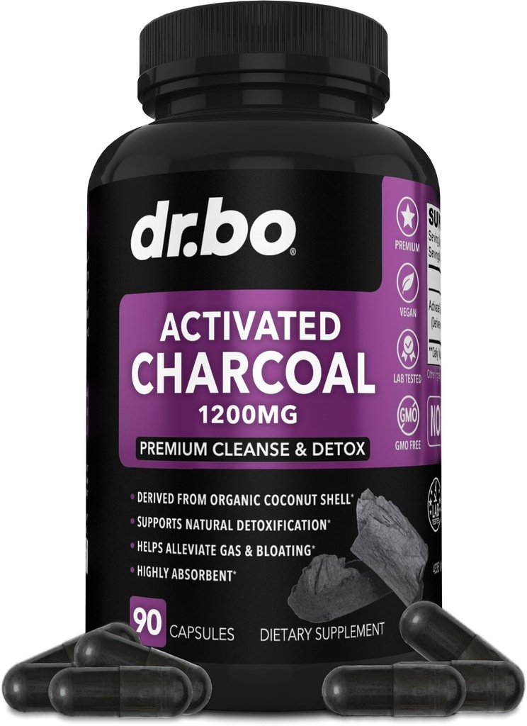 Cápsulas de Carvão Ativadas Cleanse Detox - 1200mg Comprimidos de Carvão de Coco Orgânicos para Gás Estômago e Alivio Bloating para Homens Mulheres Crianças - Cápsulas Ativas Pó Binder Suplementos Ativados para Gut