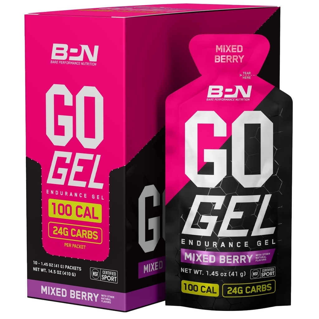 NUTRIÇÃO DE DESEMPENHO BARE, BPN Go Gel Endurance, 24g de carboidratos e 100 calorias por embalagem, Vegan + Gel de corrida sem glúten, 10 Pacotes de serviço único, Berry misto
