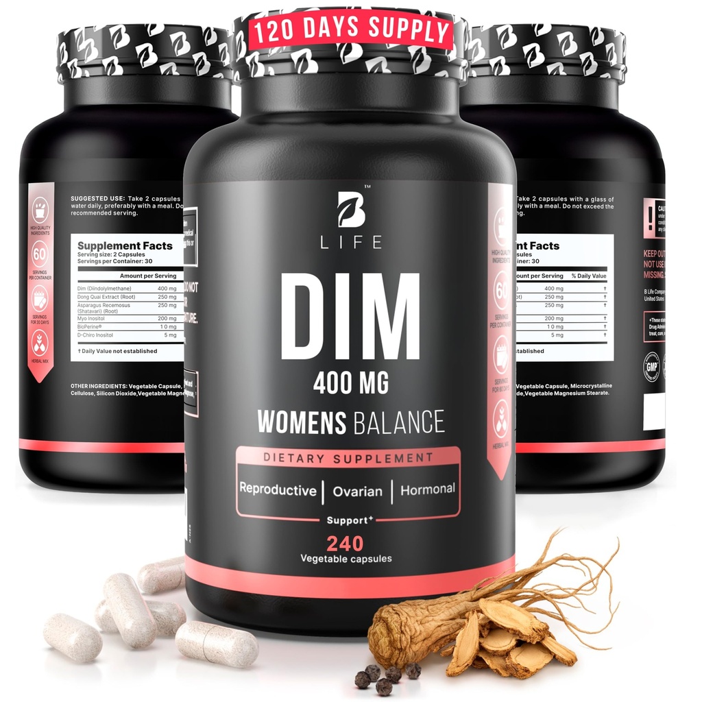 Suplemento DIM 400 mg com Myo & D-Chiro Inositol, Dong Quai - Suplementos PCOS – Equilíbrio Hormônio para Mulheres – Suplementos de Fertilidade – Suplemento Inositol - 240 Caps
