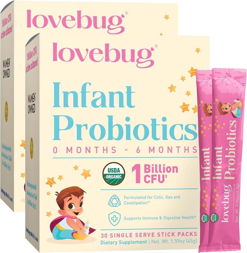 LAVEBUG Probióticos infantis 0-6 Meses - USDA Probióticos orgânicos para bebês, Suporta Gás de Bebê, Colic, Diarréia e Relívio de Obstipação recém-nascido, Alergênio e Açúcar Livre, Pó sem gosto, 60 Pack