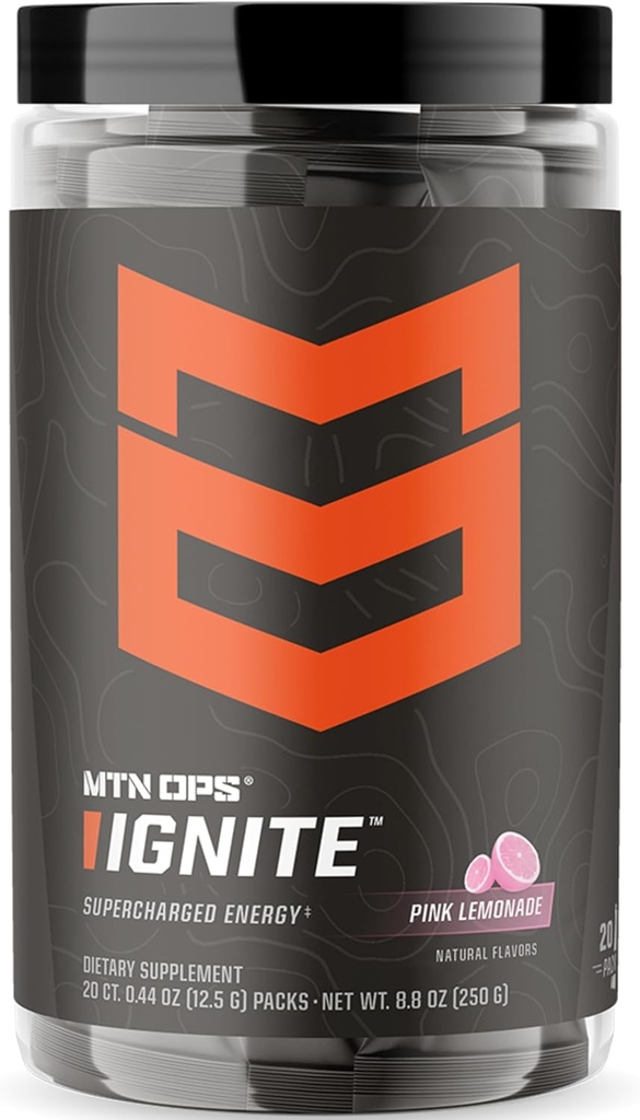MTN OPS Ignite Trail Packs Energy Drink Powder, Gluten Free Nootropic Supplement Drink Mix, L Arginina, L Citrulina, Cafeína e Nootropic Sugar Free Drink Mix, 20 Servings, Limonada rosa