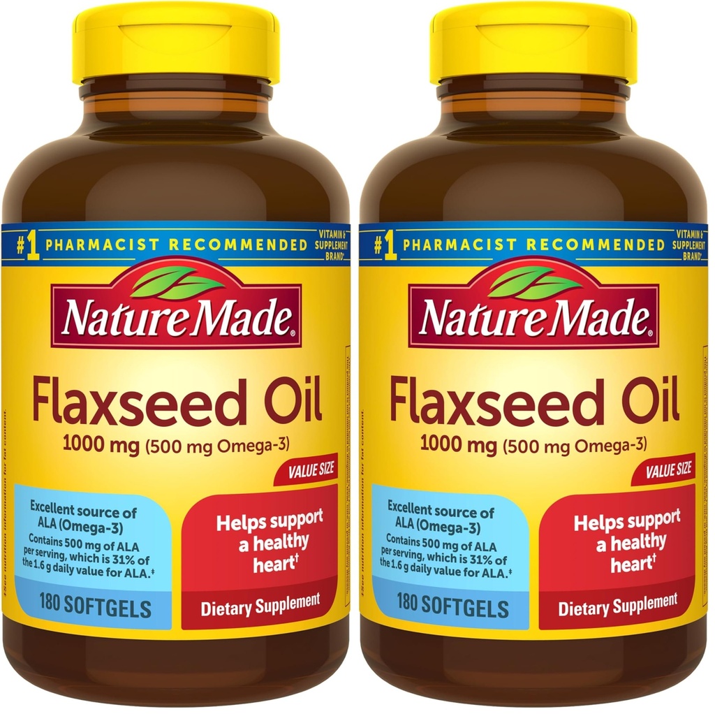 Nature Made Flaxseed Oil 1000 mg, Suplemento dietético para apoio à saúde do coração, 180 Softgels (Pacote de 2)