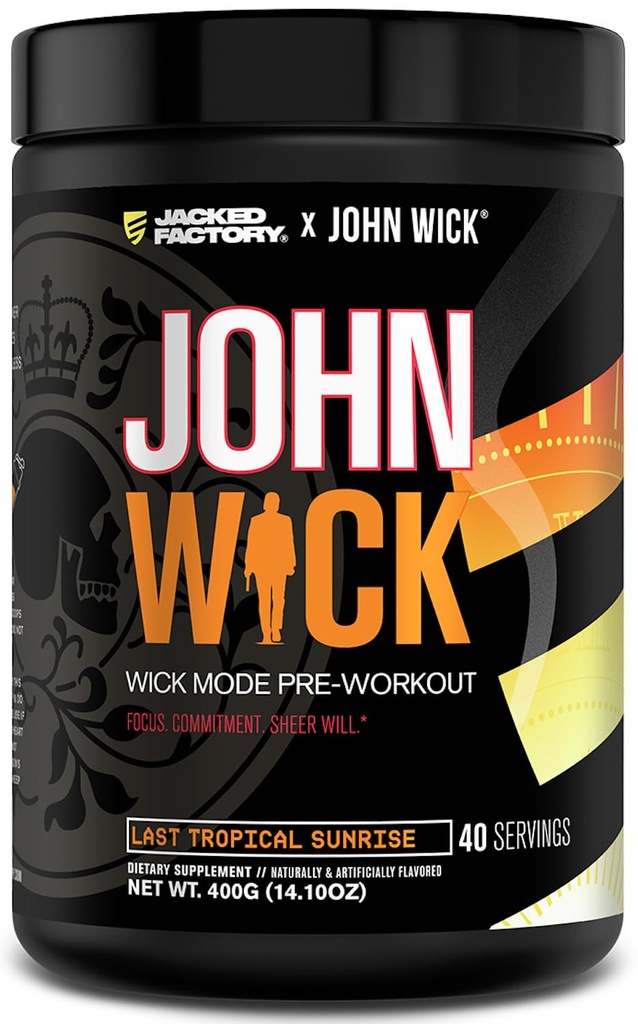Jacked Factory X John Wick - Wick Modo pré-treino em pó - Energia intensa, foco pronto para batalha, compromisso incontrolável, e pura vontade - 40 Servings, Last Tropical Sunrise
