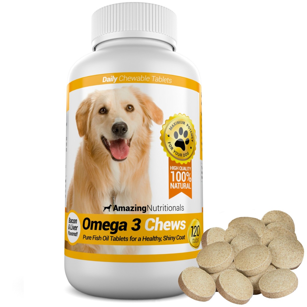Incrível Omega 3 para cães - Óleo de peixe Omega 3 para cães Suplemento para alívio da pele comichão para pele seca e manchas quentes e revestimento de descamação com ácido gordo EPA e DHA - 120 mastigação de sabor de bacon