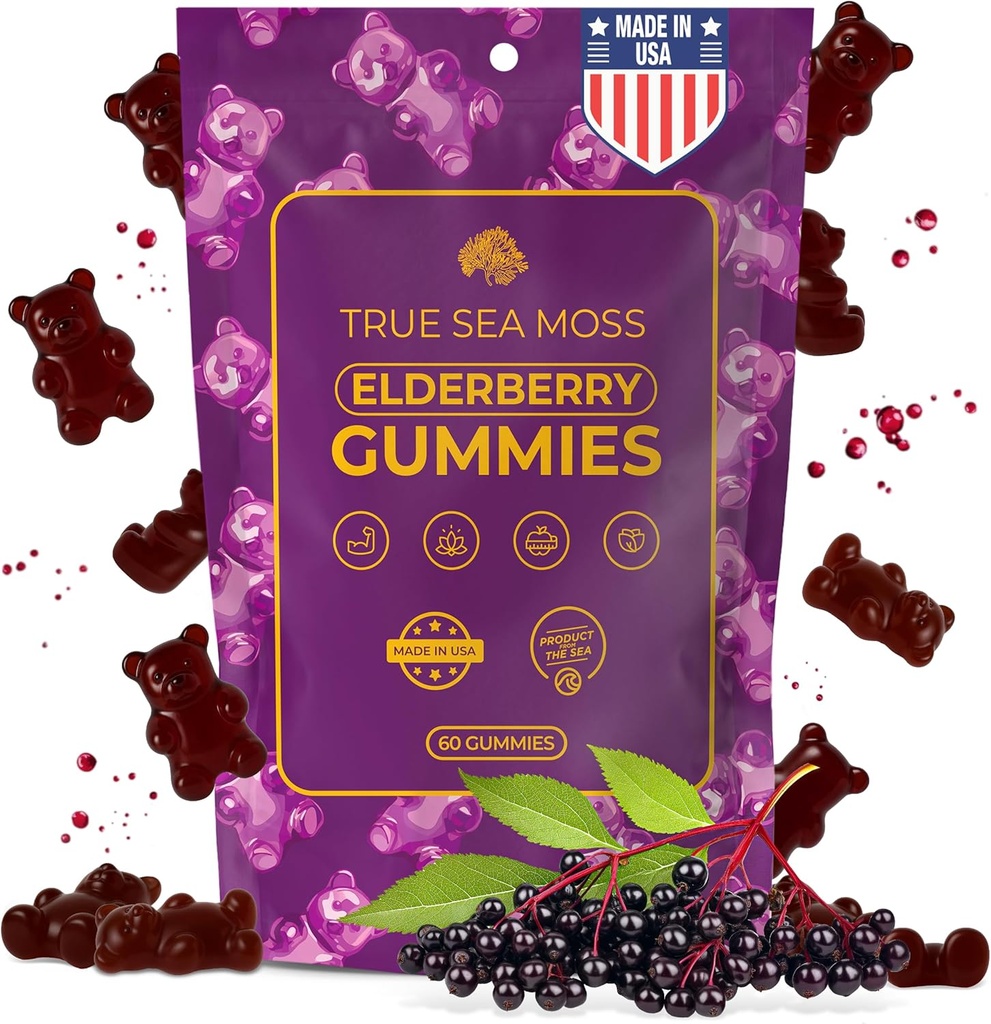 TrueSeaMoss Sea Moss Elderberry Gummies for Adults & Kids – with Burdock Root, Bladderwrack & Magnesium – Vegan, Fórmula não-GMO – Made in USA – 60 Gummies