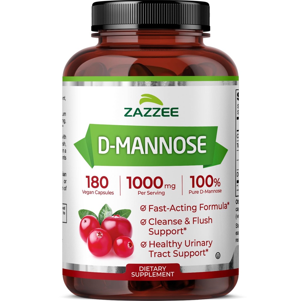 Zazzee D-Mannose, 1000 mg por serviço, 180 Cápsulas Vegan, Fornecimento de 3 meses, Potente & Fast-Acting, Kosher certificado, 100% puro, All-Natural Urinary Tract Health Support, 100% vegetariano, Não-GMO