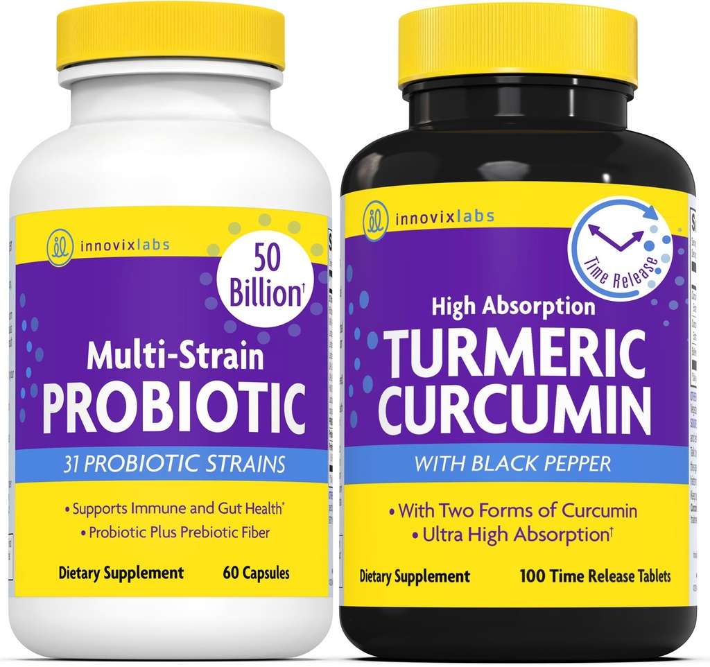 InnovixLabs Multi Probiótico & Curcumin Bundle Multi-Strain Probiótico (60 cápsulas de liberação de tempo) Curcumina Turmérica (100 comprimidos de liberação de tempo). Suporta Gut e Imune Health. *