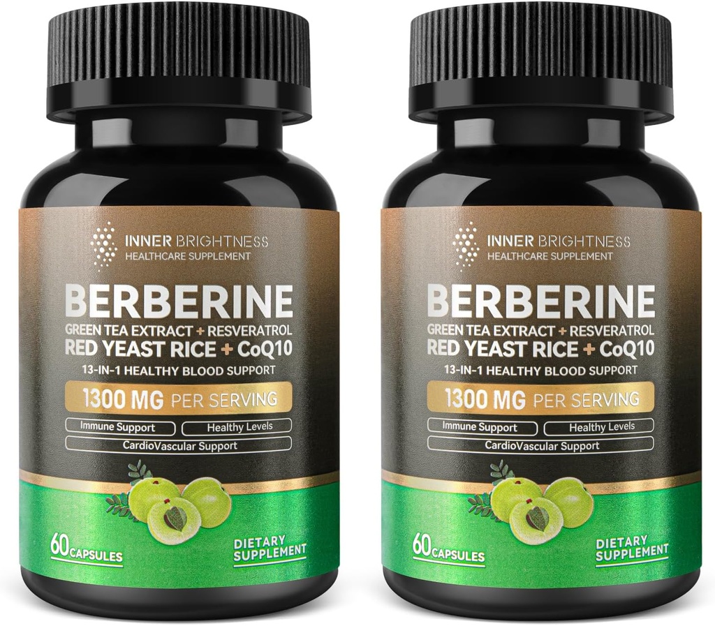 Berberine 1300mg com extrato de chá verde, Resveratrol, Red Yeast Rice & CoQ10 – 13-em-1 Saúde Imune, Suporte Metabólico Natural – 60 Cápsulas – Não-GMO, Laboratório testado - 2 Pack
