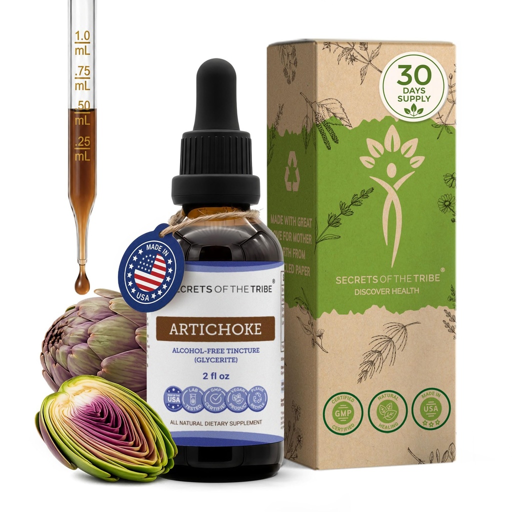Segredos da Tribo Alcachofra Tintura Extrato Líquido Livre de Álcool, Alcachofra (Cynara Scolymus) Folha Secada (2 FL OZ)