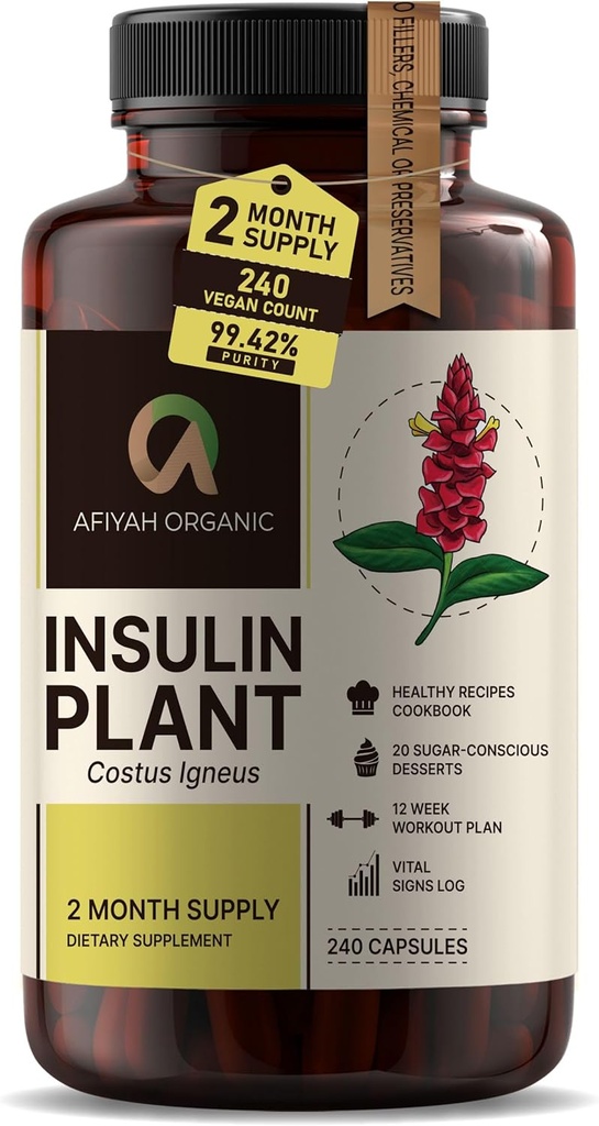Cápsulas de Costus Igneus (Insulin Plant) de qualidade Premium - Cápsulas de fácil deglutição 240 Veggie (fornecimento de 2 meses) - Made in the USA - Including Complete Health Support Program