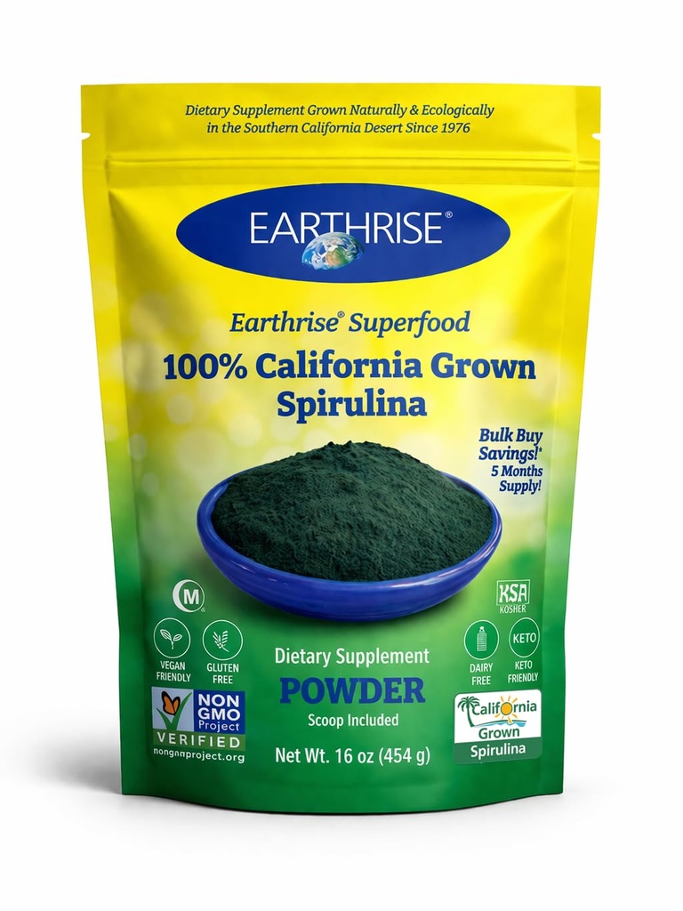 Terrarise Spirulina Natural Powder 16 onças, Natural Premium Spirulina da Califórnia- Vegan, Gluten Free, Keto Friendly, Não -GMO Super Food alta em vitaminas e minerais. (1 LB)