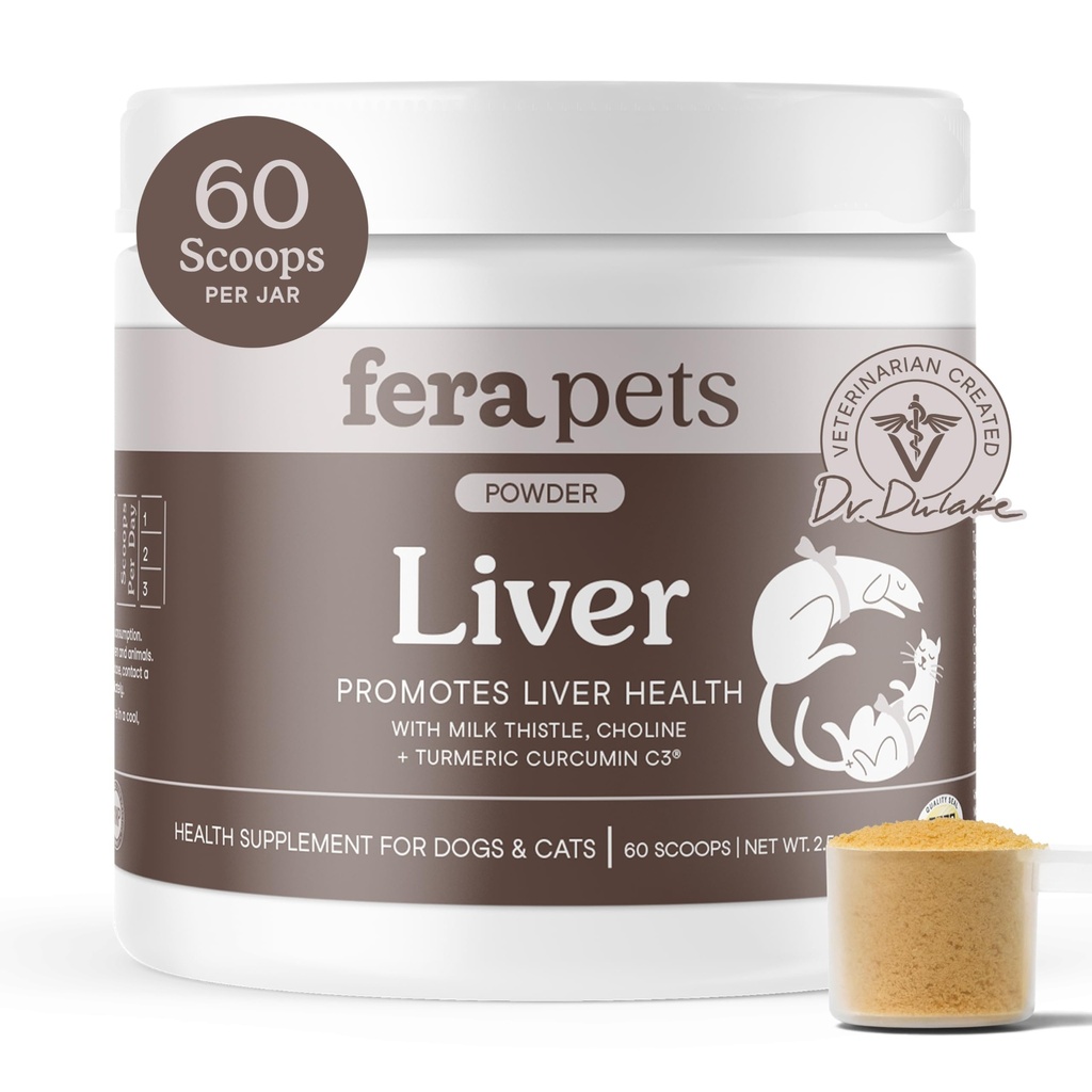 Fera Pets Suplemento de fígado para cães e gatos com cardo de leite, colina e açafrão - Botânicas Orgânicas - Melhora a função do fígado, imunidade, desintoxicação e função metabólica - Pó - 60 Scoops