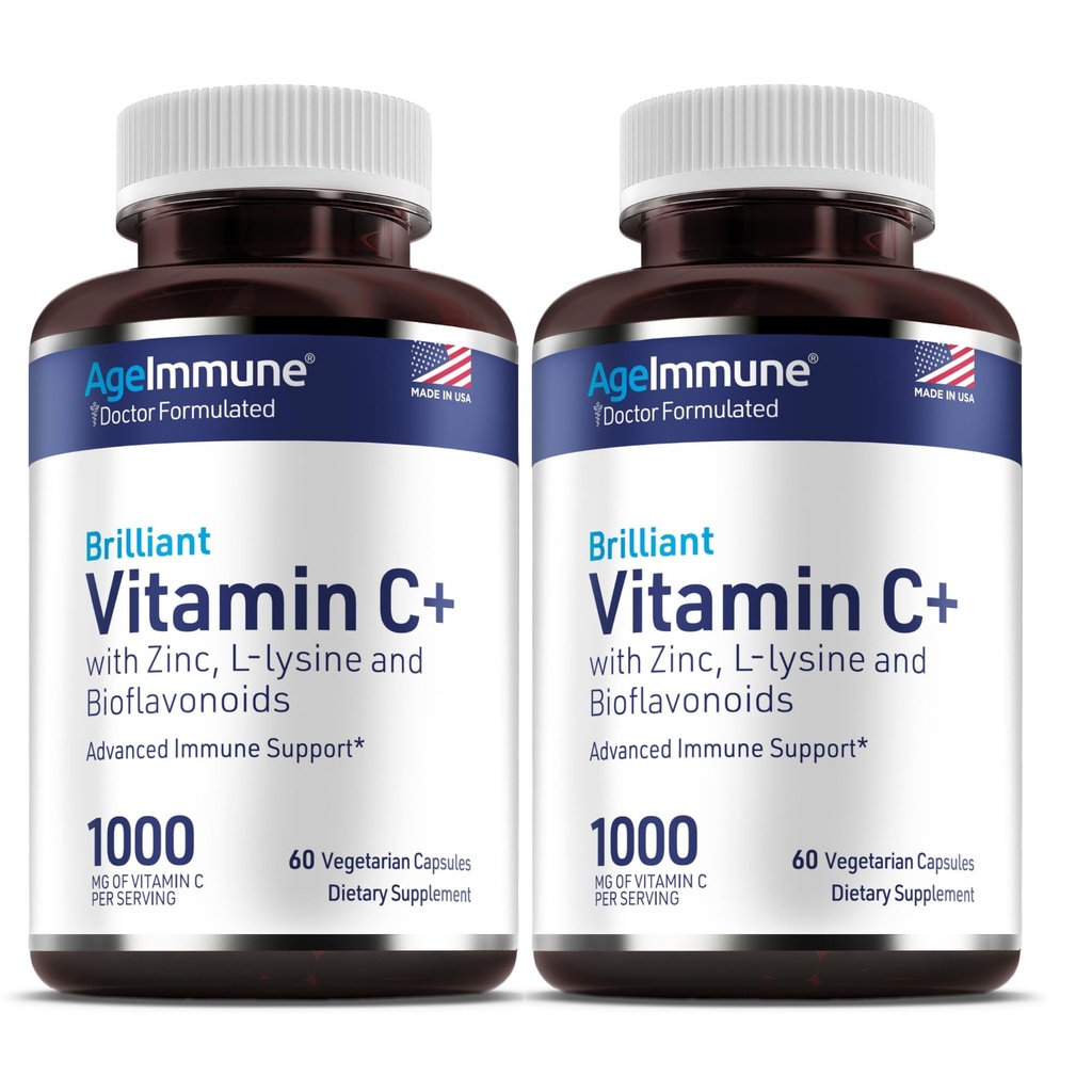Vitamina C 1000mg Complexo com L-Lysine 500mg, Gluconato de Zinco 12mg, Bioflavonóides 300mg. Doutor Formulado Estearato de Magnésio Suplementos gratuitos para suporte do sistema imunológico saudável. Duas garrafas.(2)