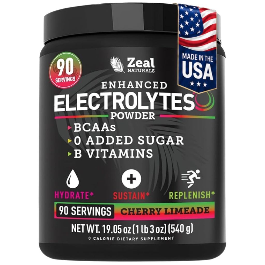 Zeal Naturals Electrolyte Powder Recovery Drink (90 Servings □ Limeade Cereja) w 0 Açúcar + BCAAs + B-Vitaminas Eletrolyte Supplement w Potássio Zinco & Magnésio para Hidratação - Keto Electrolytes