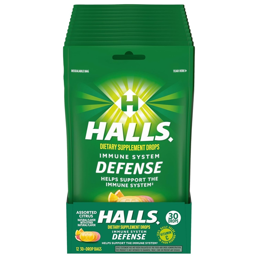 HALLS Defesa variedade Citrus Vitamina C gotas, Dietary Supplement gotas, 12 sacos de 30 gotas (360 gotas totais)